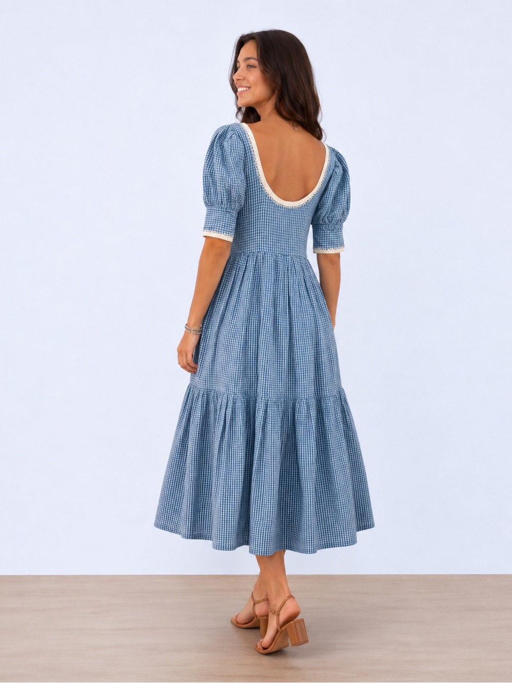 Loeffler Randall Gillian Puff−Sleeve Dress in Blue Gingham | XS - Picture 10 of 16
